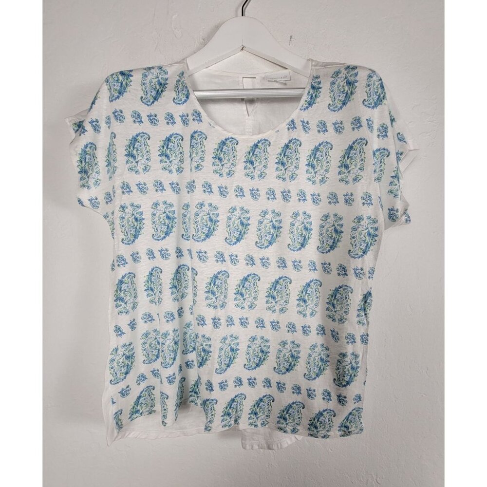 J. Jill Love Linen Womens White & Blue Paisley V-Neck Short Sleeve Top Medium